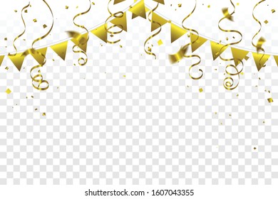 Golden Party Flags With Confetti And Ribbons Falling On Transparent Background. Celebration Event & Birthday. Vector