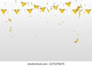 Golden Party Flags With Confetti And Ribbons Falling On Transparent Background. Celebration Event. Birthday. Vector
