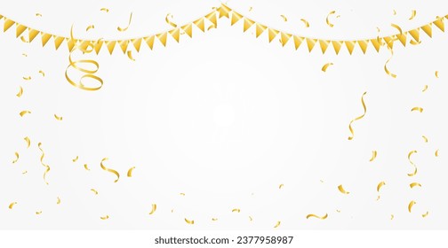 Golden Party Flags With Confetti And Ribbons Falling On White Background. Celebration Event. Happy Birthday. Vector