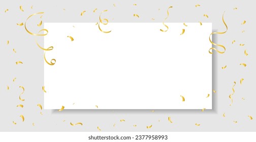 Golden Party Flags With Confetti And Ribbons Falling On White Background. Celebration Event. Frame. Happy Birthday. Vector