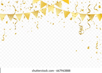 Golden Party Flags With Confetti And Ribbons Falling On Transparent Background. Celebration Event & Birthday. Vector