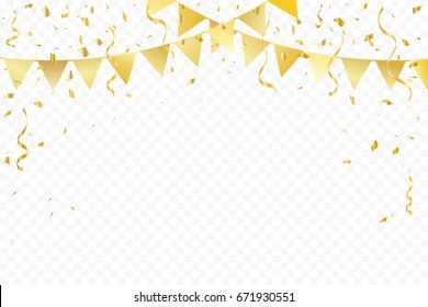 Golden Party Flags With Confetti And Ribbons Falling On Transparent Background. Celebration Event & Birthday. Vector Illustration