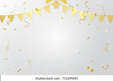 Golden Party Flags With Confetti And Ribbons Falling On White Background. Celebration Event & Happy Birthday. Vector illustration