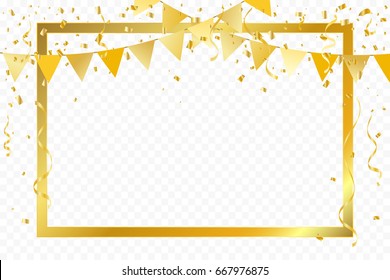 Golden Party Flags With Frame And Confetti Ribbons Falling On Transparent Background. Celebration Event & Birthday. Vector