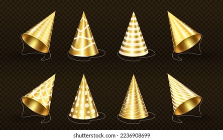 Sombreros de fiesta dorada con patrones de rayas, líneas onduladas, puntos y escala. Montaje de gorras de oro para cumpleaños, Navidad, celebración festiva aislada en fondo transparente, conjunto vectorial realista