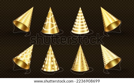 Golden party hats with pattern of stripes, wavy lines, dots and scale. Mockup of gold caps for birthday, Christmas, festive celebration isolated on transparent background, vector realistic set