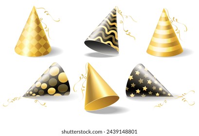 Golden party hats vector set. Gold and black realistic festive celebration birthday cone caps on white vector illustration