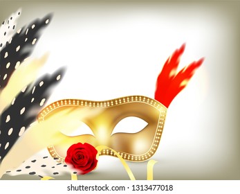 Golden party mask with feathers illustration on glossy background for carnival poster or banner design.