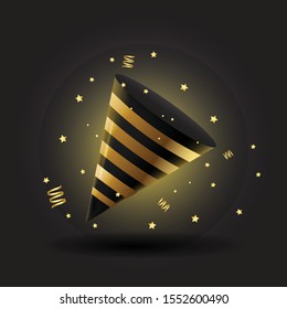 Golden party popper cone and glittering confetti isolated on black. Vector festive illustration