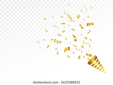 Golden party poppers bursting with confetti and stars on transparent background. Bright festive tinsel of gold color. Happy birthday concept. Golden confetti vector illustration.