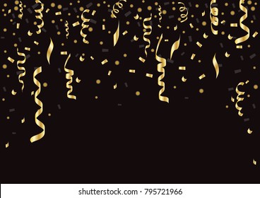 Golden party ribbons and gold confetti, glitters stars. Fun congrats. Flat vector serpentine celebration sign. Falling tiny confetti pieces color Happy new year, birthday, bday. Black background.