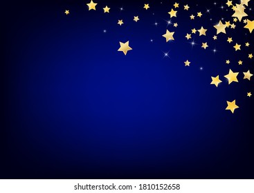 Golden Party Stars Vector Blue Background. Magic Dust Pattern. Star Wallpaper. Yellow Shimmer Shine Background.