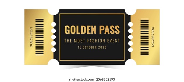 Golden pass template design. Cinema, theater, casino, concert, film, party, festival gold ticket. Metal gradient letters, barcode. Vector illustration on white background