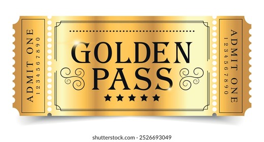 Golden pass template design isolated on white background. Festival, cinema, theater, concert, casino, circus, event. Vector illustration