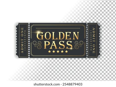 Golden pass template. Suitable for festival, cinema, theater, concert, casino, circus, event tickets. Vector illustration