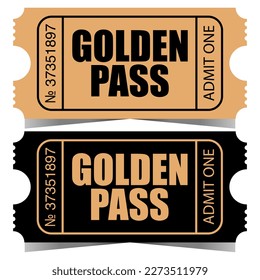 Golden pass ticket design template. Vector illustration of high priority VIP entry talon, control token to access the private areas, party, concert or another luxury events. Ready to print.