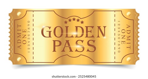 Golden pass ticket template design isolated on white background. Festival, cinema, theater, concert, casino, circus, event. Vector illustration