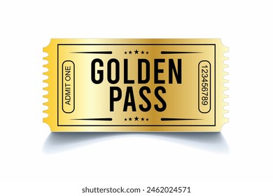 Golden pass. billete de Vector aislado sobre fondo blanco. Cine, teatro, concierto, obra de teatro, fiesta, evento, festival negro y oro boleto realista conjunto de Plantilla. Icono de la entrada para el Sitio web.