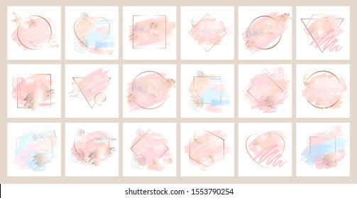 Golden pastel pink quote frames. Makeup powder splatter, brush stroke, drop, lines, points, rose, gold, premium brochure, invitation. Beauty elegant style. Hand drawn vector