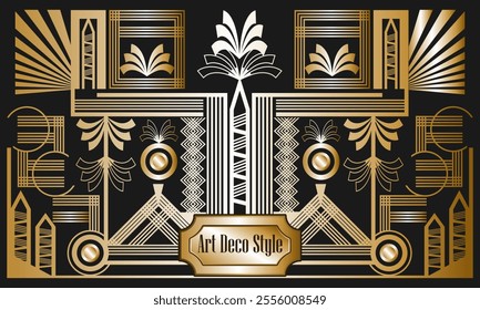 Golden pattern in art deco style. Black background. Vector illustration