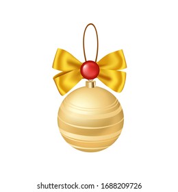 Golden pattern Christmas decoration ball with yellow ribbon bow, holiday pendant, hand drawn 3D vector illustration, birthday decorations