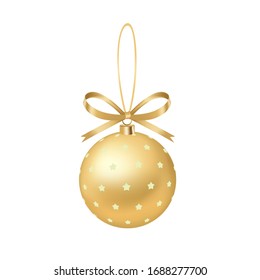 Golden pattern Christmas decoration ball with yellow ribbon bow, holiday pendant, hand drawn 3D vector illustration, birthday decorations.