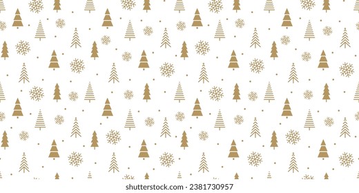 Golden pattern, Christmas trees, Forest on a white background. Snow in the forest. Vector illustration.