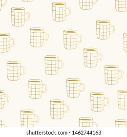 Golden pattern with coffee and tea mugs. Glitter doodle background.