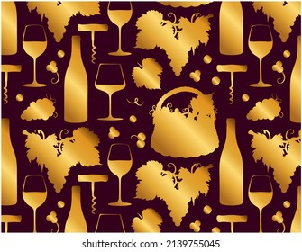 Golden pattern with drawing wine bottle, grapes in basket, glass with alcohol drink, champagne on red background. Outline beverage, silhouette winery, line art corkscrew, vine. Vector illustration.