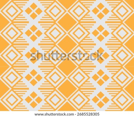 Golden pattern features a geometric tribal-inspired design in vibrant golden orange and white tones. The symmetrical arrangement of diamonds and linear accents creates a sense of rhythm.