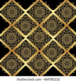 Golden pattern of flowers and rhombus  on a black background