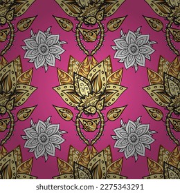 Golden pattern. Gray, pink and yellow colors with golden elements. Vector golden floral ornament brocade textile pattern. Metal with floral pattern.