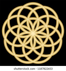 Golden pattern of intersecting circles on black background