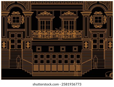 The golden pattern lines form the facade of a symmetrical 2 storey modern classic house with 3 doors, 4 windows, 4 columns, balustrades, frames, decorations, stairs, crowns, garage and canopy.