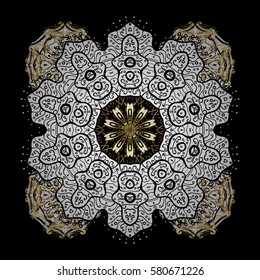 Golden pattern. Metal with floral pattern. Black background with golden elements. Vector golden floral ornament brocade textile pattern, white doodles.