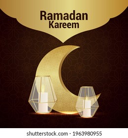 Luna de patrón dorado con linterna de cristal para la tarjeta de invitación ramadan kareem