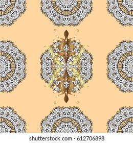 Golden pattern on beige background with with white doodles. Seamless golden textured curls. Vector golden pattern. Oriental style arabesques.