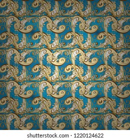 Golden pattern on a beige, blue and yellow colors with golden elements. Luxury, royal and Victorian concept. Ornate decoration. Vector vintage baroque floral seamless pattern in gold.