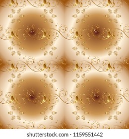 Golden pattern on beige, brown and neutral colors with golden elements. Flat hand drawn vintage collection. Vector golden seamless pattern. Backdrop, fabric, gold wallpaper.