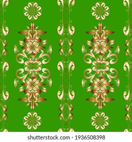 Golden pattern on a beige, brown and green colors with golden elements. Luxury, royal and Victorian concept. Vector vintage baroque floral seamless pattern in gold. Ornate decoration.