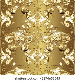 Golden pattern on a beige, brown and yellow colors with golden elements. Luxury, royal and Victorian concept. Vector vintage baroque floral seamless pattern in gold. Ornate decoration.