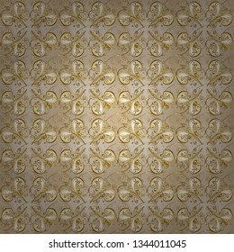 Golden pattern on beige and neutral colors with golden elements. Flat hand drawn vintage collection. Vector golden seamless pattern. Backdrop, fabric, gold wallpaper.