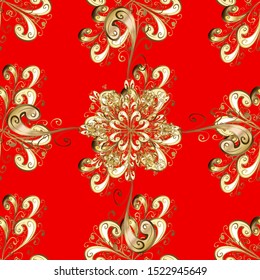 Golden pattern on beige and red colors with golden elements. Traditional orient ornament. Classic vintage background. Seamless classic vector golden pattern.