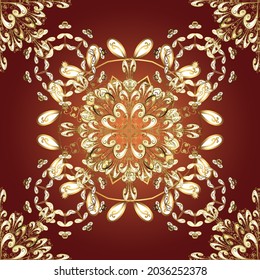 Golden pattern on beige, red and brown colors with golden elements. Seamless damask pattern background for wallpaper design in the style of Baroque. Ornate vector decoration.