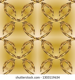 Golden pattern on beige and yellow colors with golden elements. Seamless golden pattern. Vector oriental ornament.