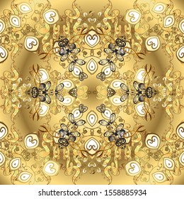 Golden pattern on beige and yellow colors with golden elements. Seamless classic vector golden pattern. Classic vintage background. Traditional orient ornament.