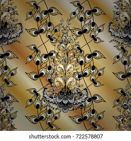 Golden pattern on beige, yellow and gray colors with golden elements. Vector golden textile print. Floral tiles. Islamic design. Ornamental pattern oriental ornament.