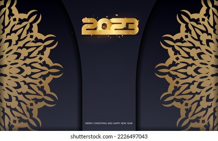 Golden pattern on black. 2023 happy new year holiday banner.