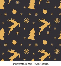 Golden pattern on a black background of deer, Christmas tree, stars and snowflakes. New Year seamless pattern for design and packaging. Vector illustration.