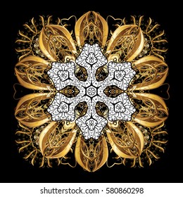 Golden pattern on black background with golden elements. Classic golden pattern. Vector traditional orient ornament.